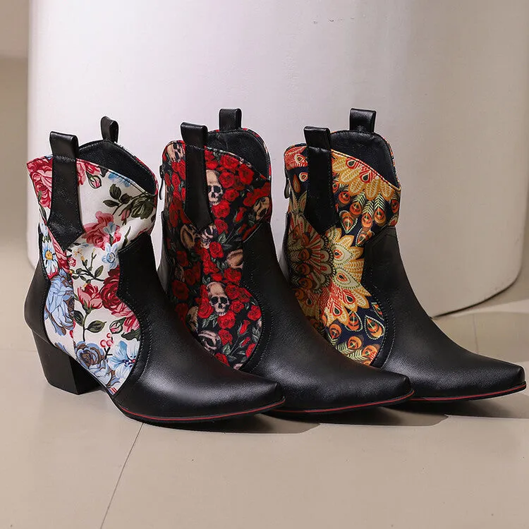 Women's Flowers Pointed Toe Block Heel Western Ankle Boots
