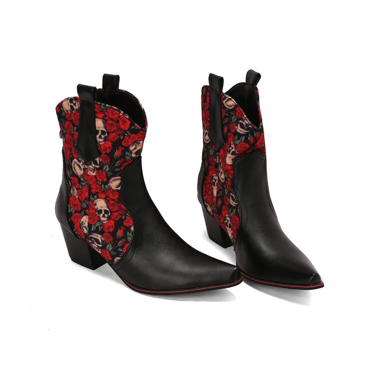 Women's Flowers Pointed Toe Block Heel Western Ankle Boots
