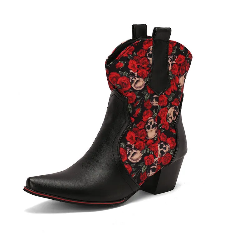 Women's Flowers Pointed Toe Block Heel Western Ankle Boots