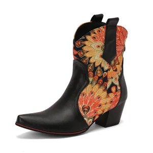 Women's Flowers Pointed Toe Block Heel Western Ankle Boots