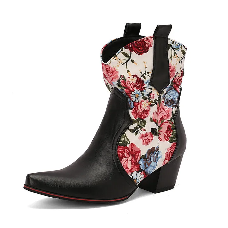 Women's Flowers Pointed Toe Block Heel Western Ankle Boots