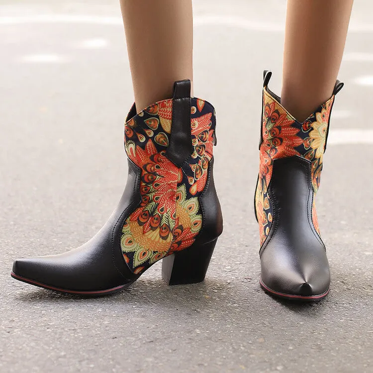 Women's Flowers Pointed Toe Block Heel Western Ankle Boots