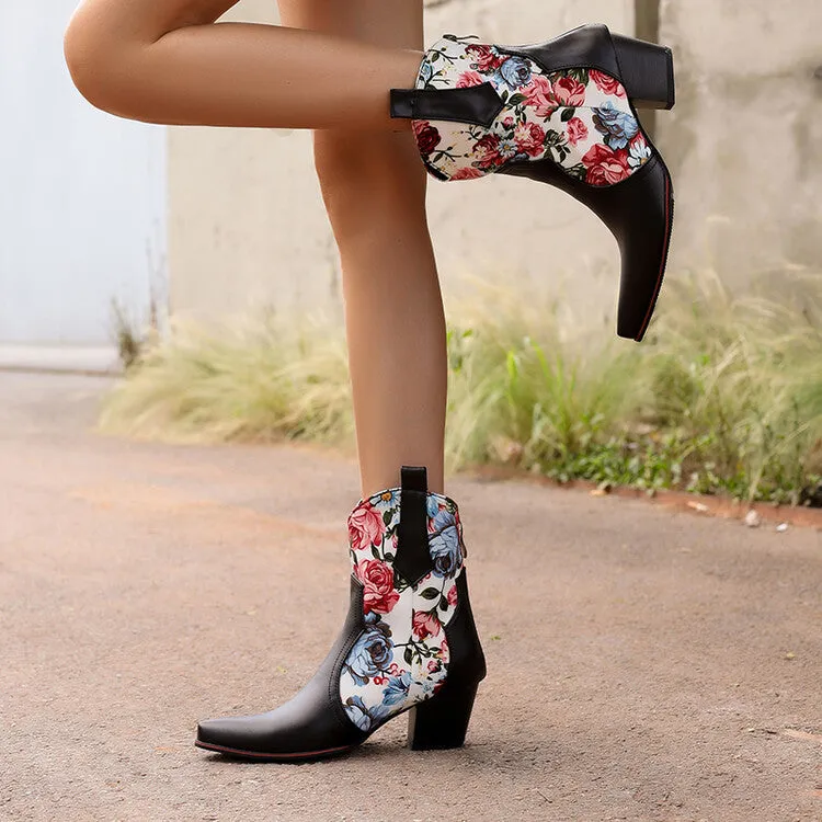 Women's Flowers Pointed Toe Block Heel Western Ankle Boots