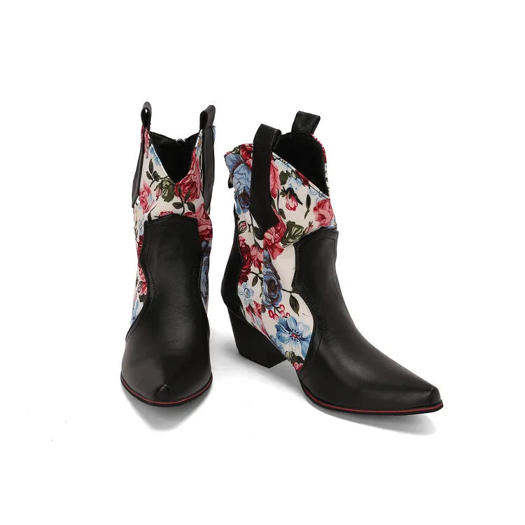 Women's Flowers Pointed Toe Block Heel Western Ankle Boots