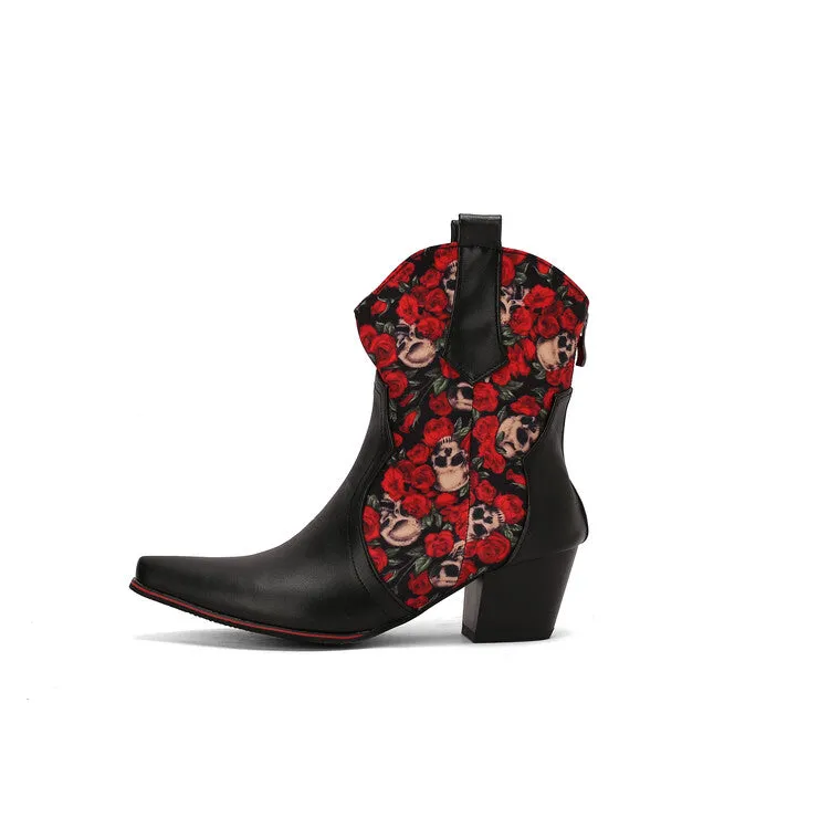 Women's Flowers Pointed Toe Block Heel Western Ankle Boots