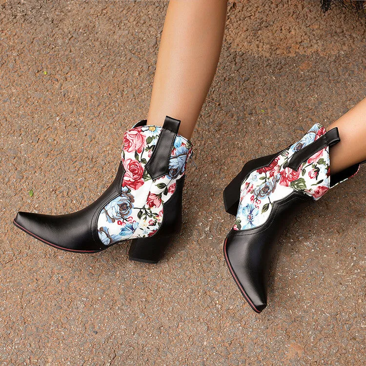 Women's Flowers Pointed Toe Block Heel Western Ankle Boots