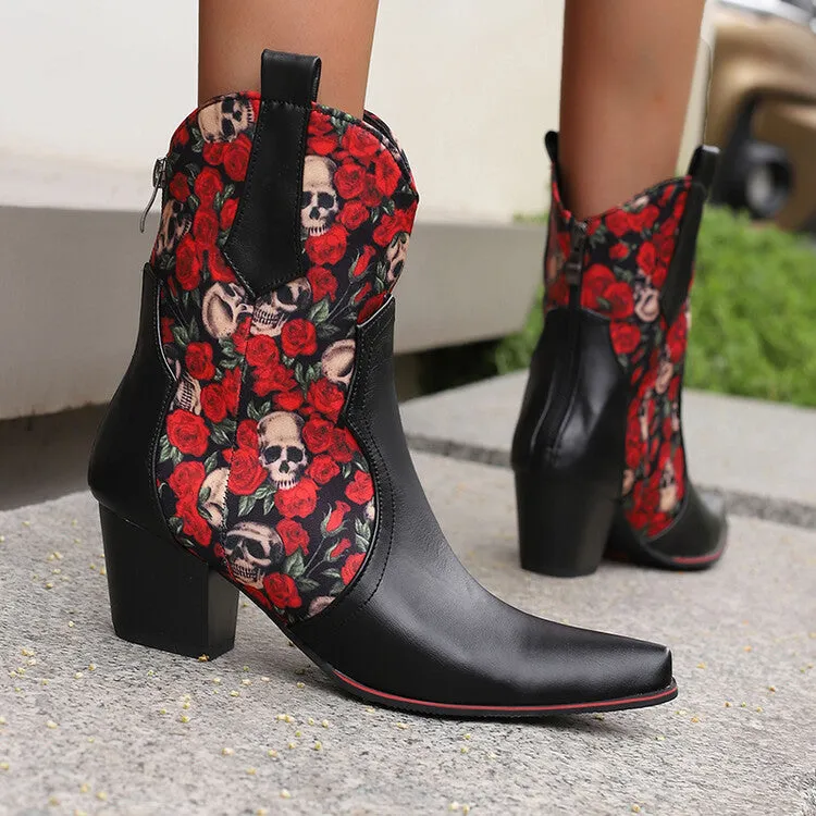 Women's Flowers Pointed Toe Block Heel Western Ankle Boots