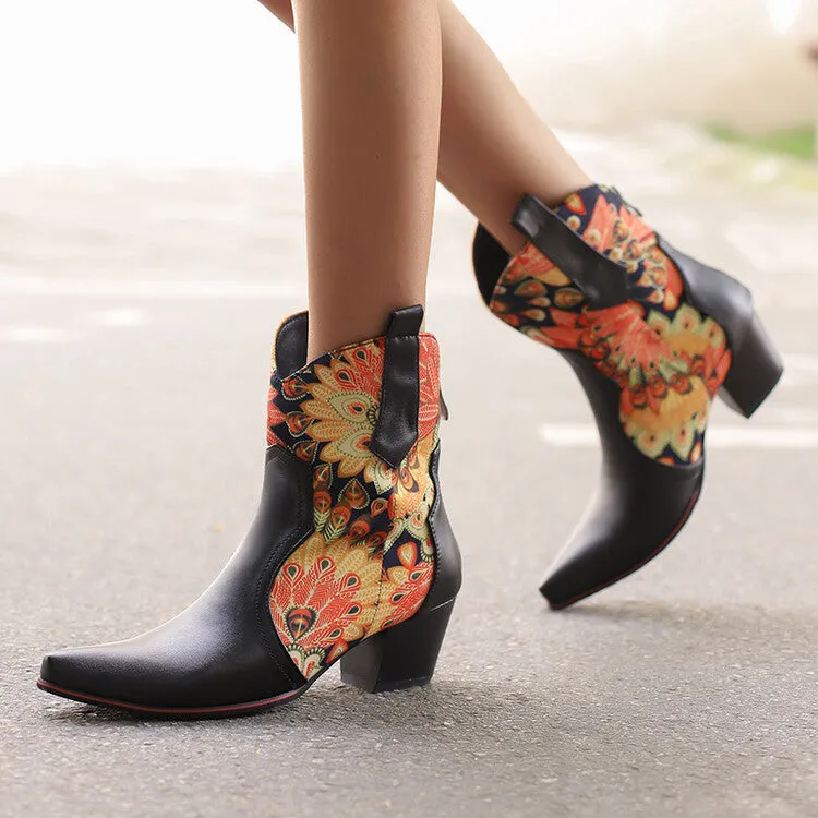 Women's Flowers Pointed Toe Block Heel Western Ankle Boots