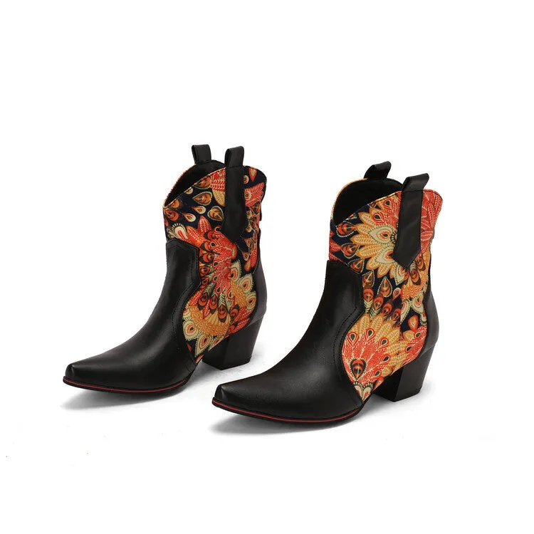 Women's Flowers Pointed Toe Block Heel Western Ankle Boots