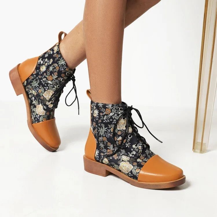 Women's Flowers Printed Lace-Up Round Toe Block Heel Ankle Boots