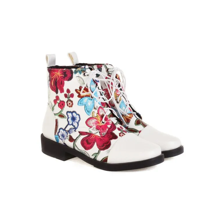 Women's Flowers Printed Lace-Up Round Toe Block Heel Ankle Boots