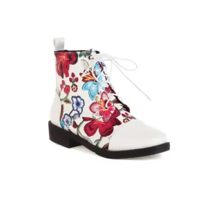 Women's Flowers Printed Lace-Up Round Toe Block Heel Ankle Boots