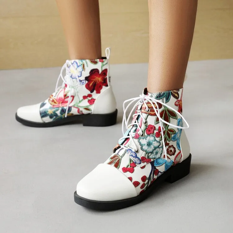 Women's Flowers Printed Lace-Up Round Toe Block Heel Ankle Boots