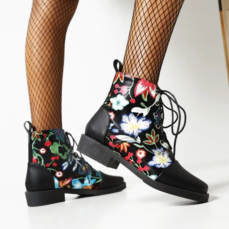 Women's Flowers Printed Lace-Up Round Toe Block Heel Ankle Boots