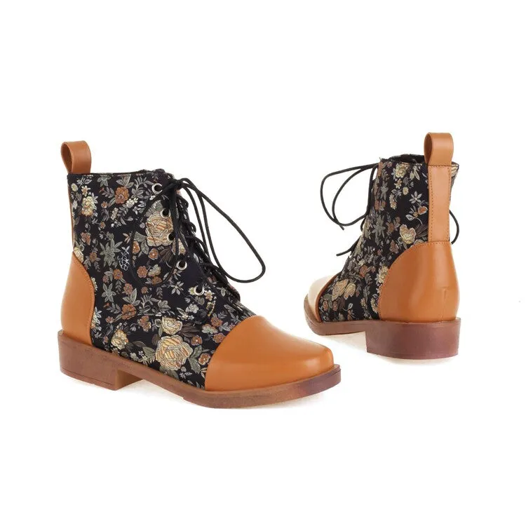 Women's Flowers Printed Lace-Up Round Toe Block Heel Ankle Boots