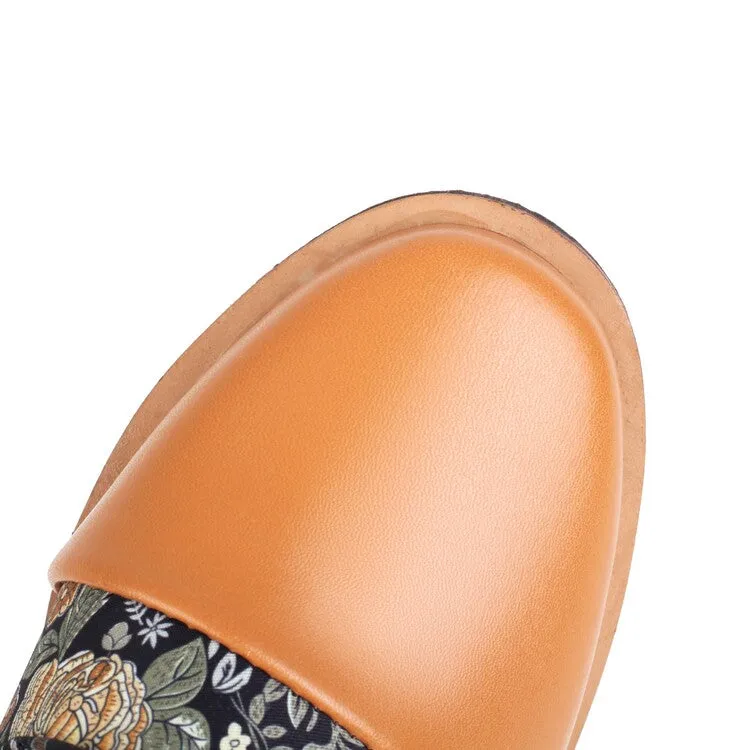 Women's Flowers Printed Lace-Up Round Toe Block Heel Ankle Boots