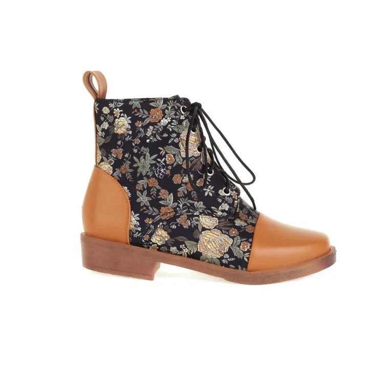 Women's Flowers Printed Lace-Up Round Toe Block Heel Ankle Boots