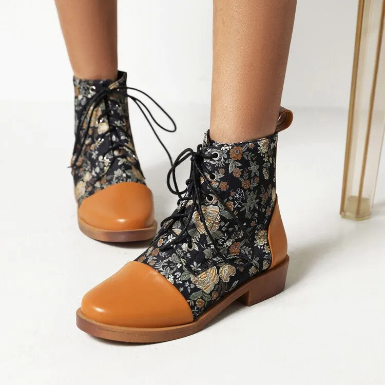 Women's Flowers Printed Lace-Up Round Toe Block Heel Ankle Boots