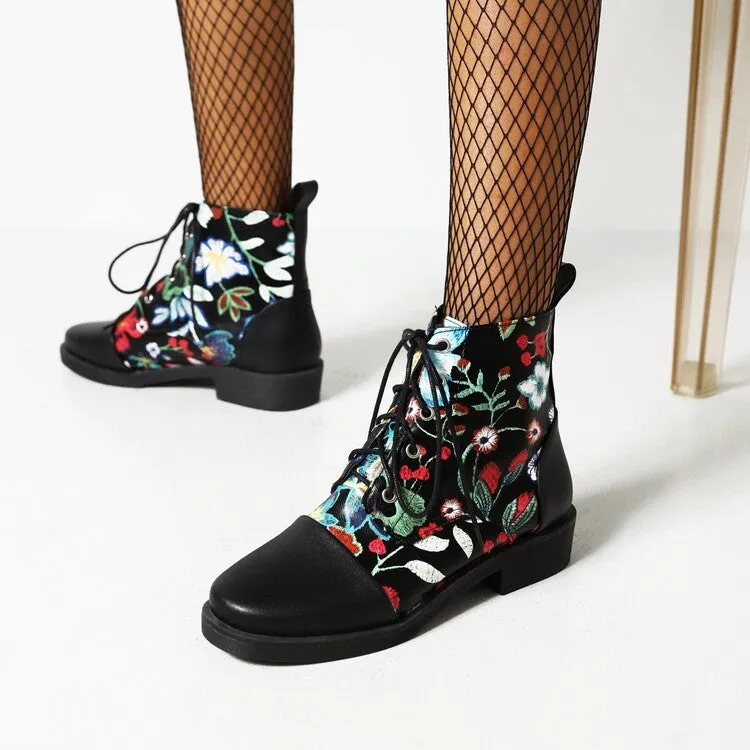 Women's Flowers Printed Lace-Up Round Toe Block Heel Ankle Boots
