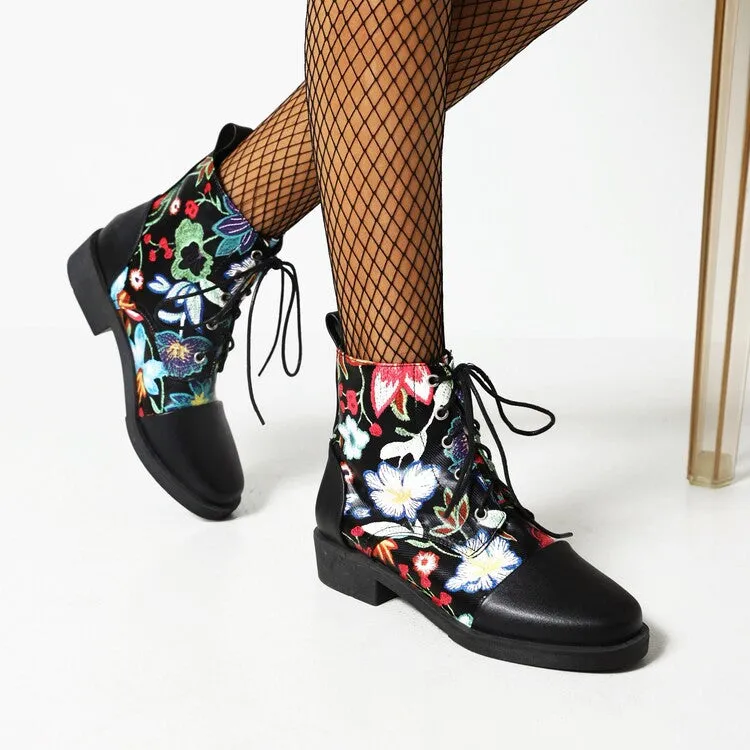 Women's Flowers Printed Lace-Up Round Toe Block Heel Ankle Boots