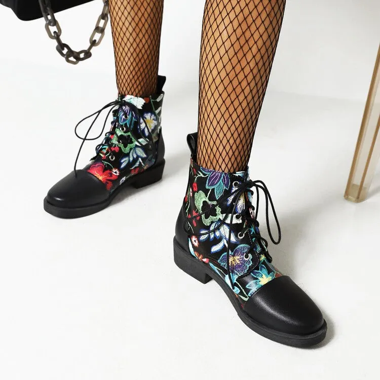 Women's Flowers Printed Lace-Up Round Toe Block Heel Ankle Boots
