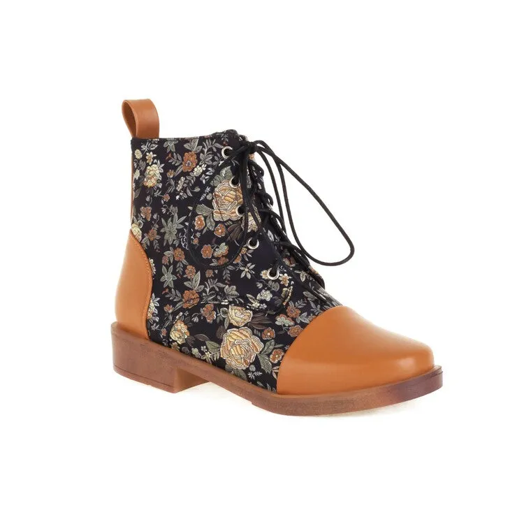 Women's Flowers Printed Lace-Up Round Toe Block Heel Ankle Boots