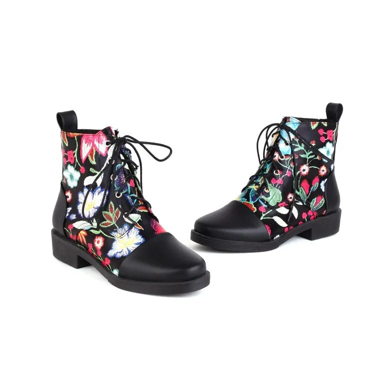Women's Flowers Printed Lace-Up Round Toe Block Heel Ankle Boots