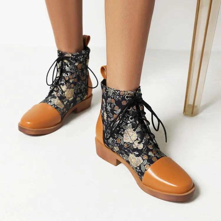 Women's Flowers Printed Lace-Up Round Toe Block Heel Ankle Boots