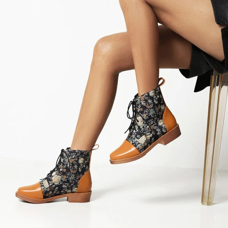 Women's Flowers Printed Lace-Up Round Toe Block Heel Ankle Boots