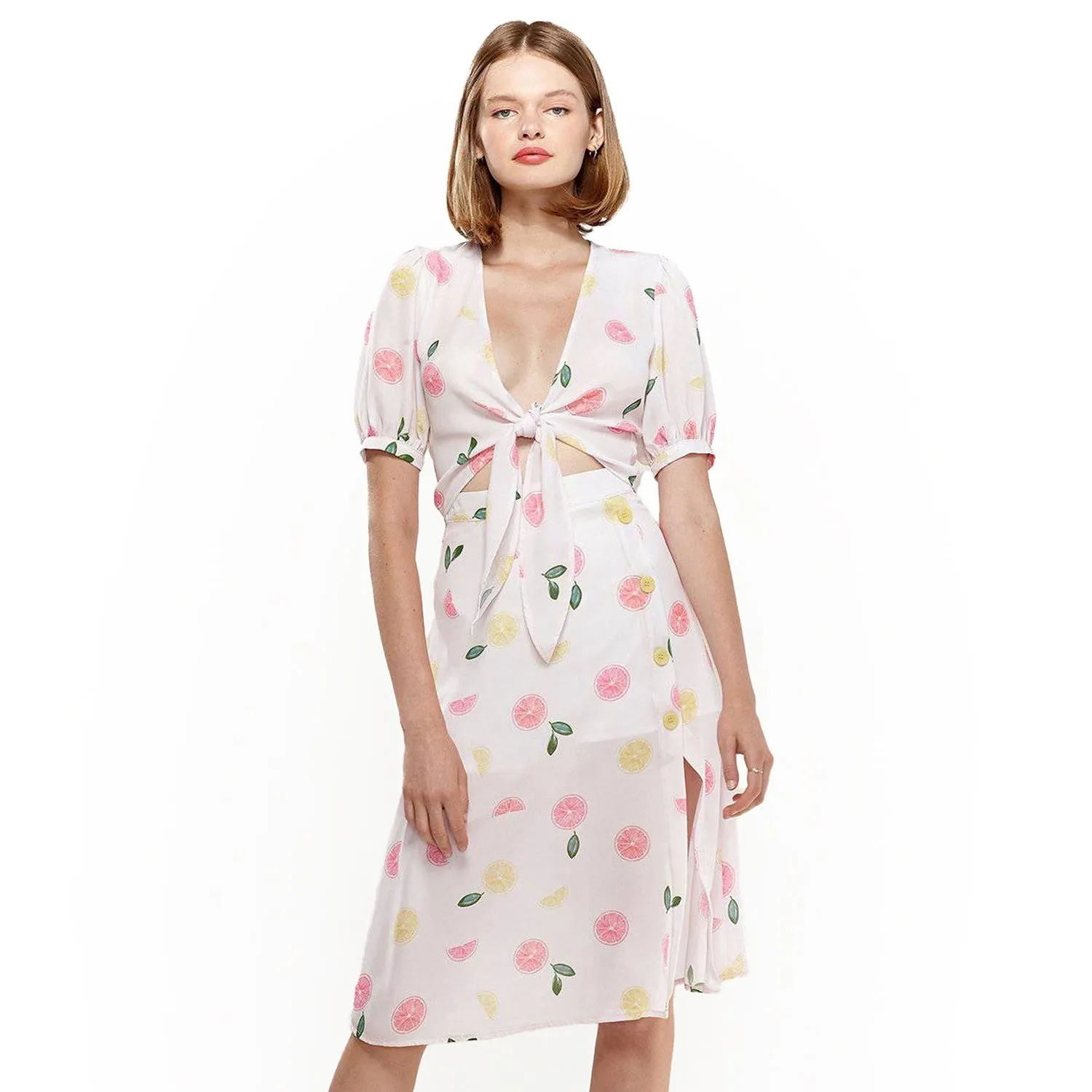 Women's Fruit Punch Tie Hem Open Front Blouse in Fruit Punch