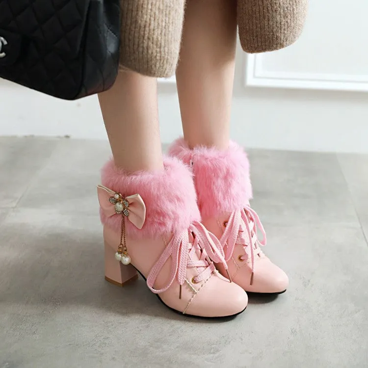 Women's Lace Up Rhinestone Bowtie Tassel Block Heel Ankle Boots