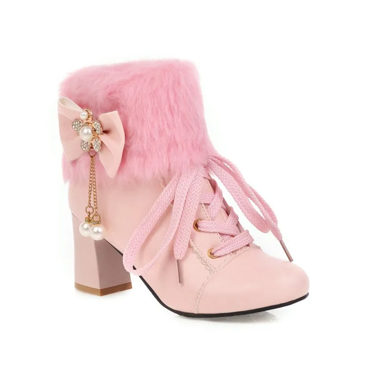Women's Lace Up Rhinestone Bowtie Tassel Block Heel Ankle Boots