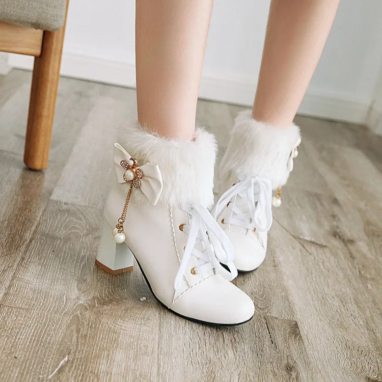 Women's Lace Up Rhinestone Bowtie Tassel Block Heel Ankle Boots