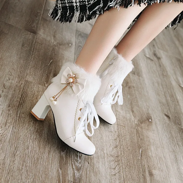 Women's Lace Up Rhinestone Bowtie Tassel Block Heel Ankle Boots