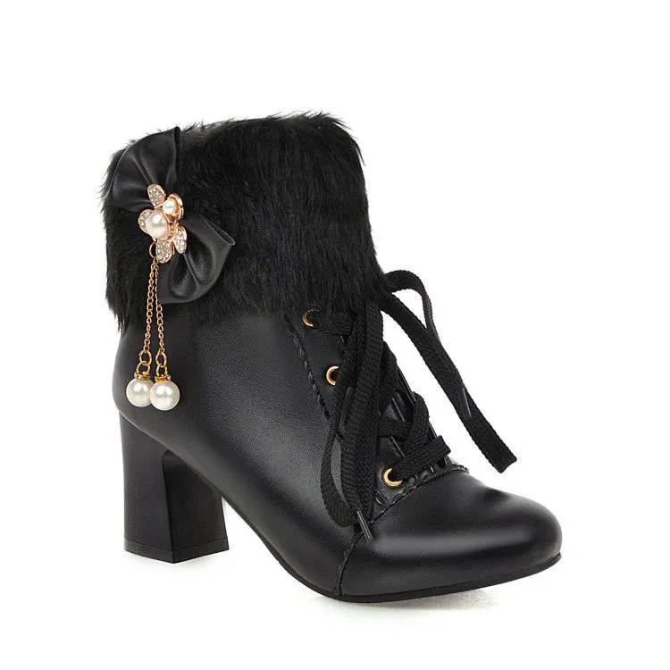 Women's Lace Up Rhinestone Bowtie Tassel Block Heel Ankle Boots