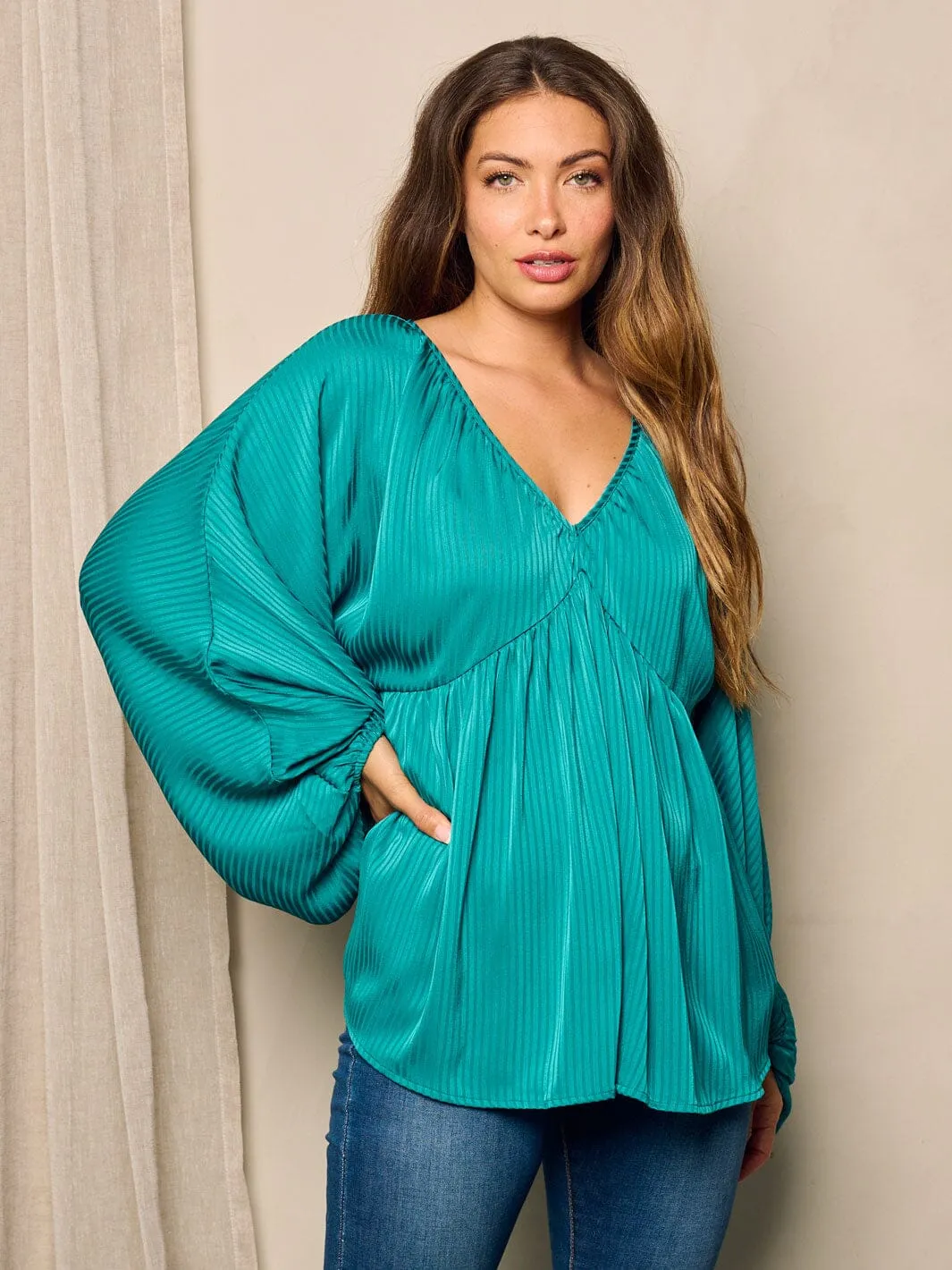 WOMEN'S LONG BALLON SLEEVE V-NECK TUNIC BLOUSE TOP