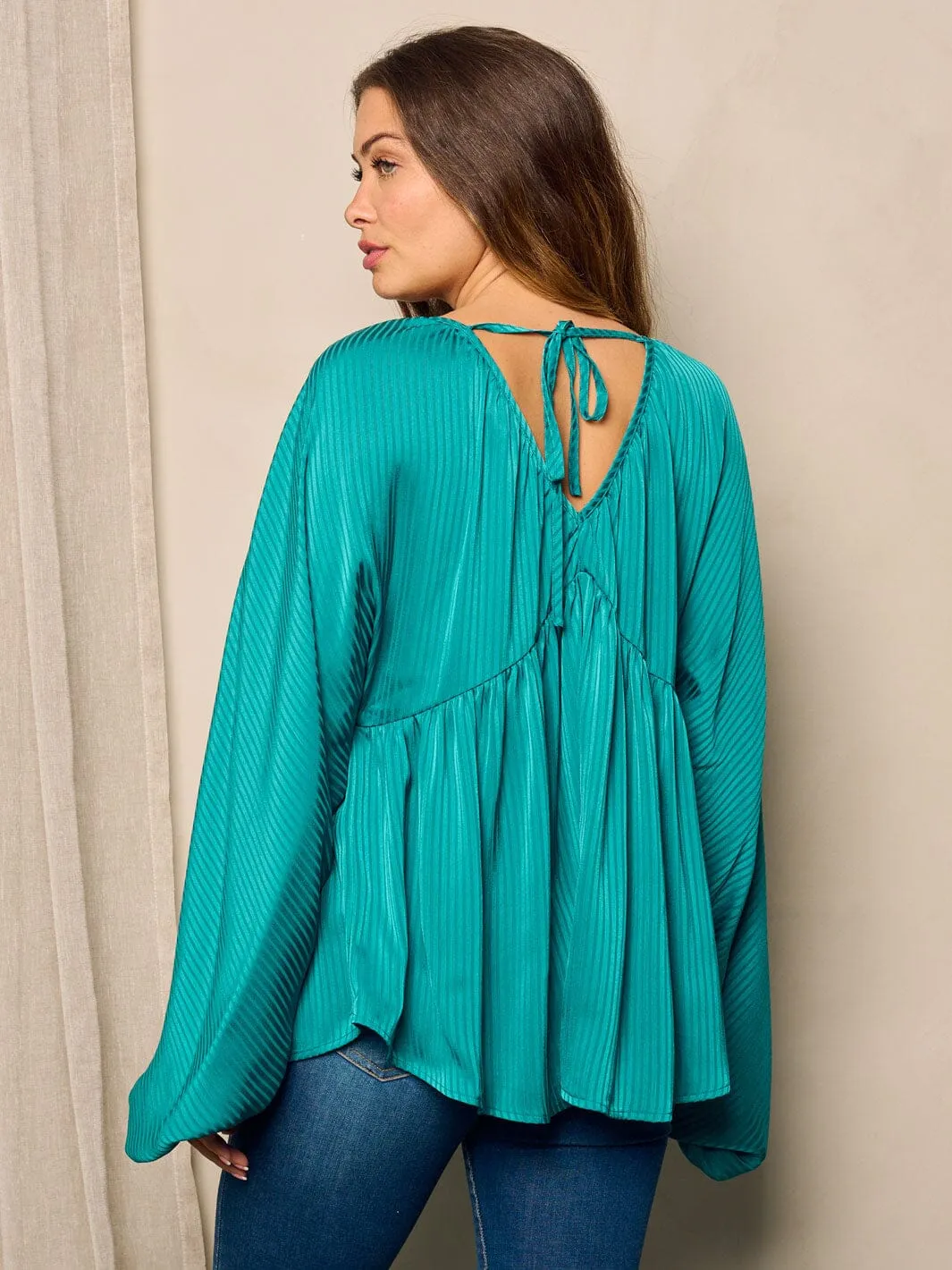 WOMEN'S LONG BALLON SLEEVE V-NECK TUNIC BLOUSE TOP