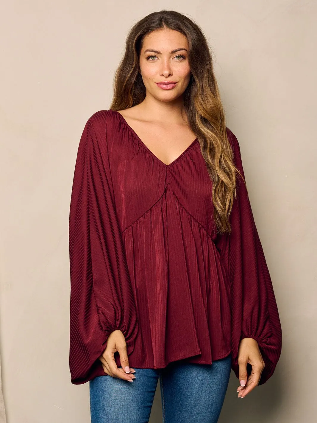 WOMEN'S LONG BALLON SLEEVE V-NECK TUNIC BLOUSE TOP