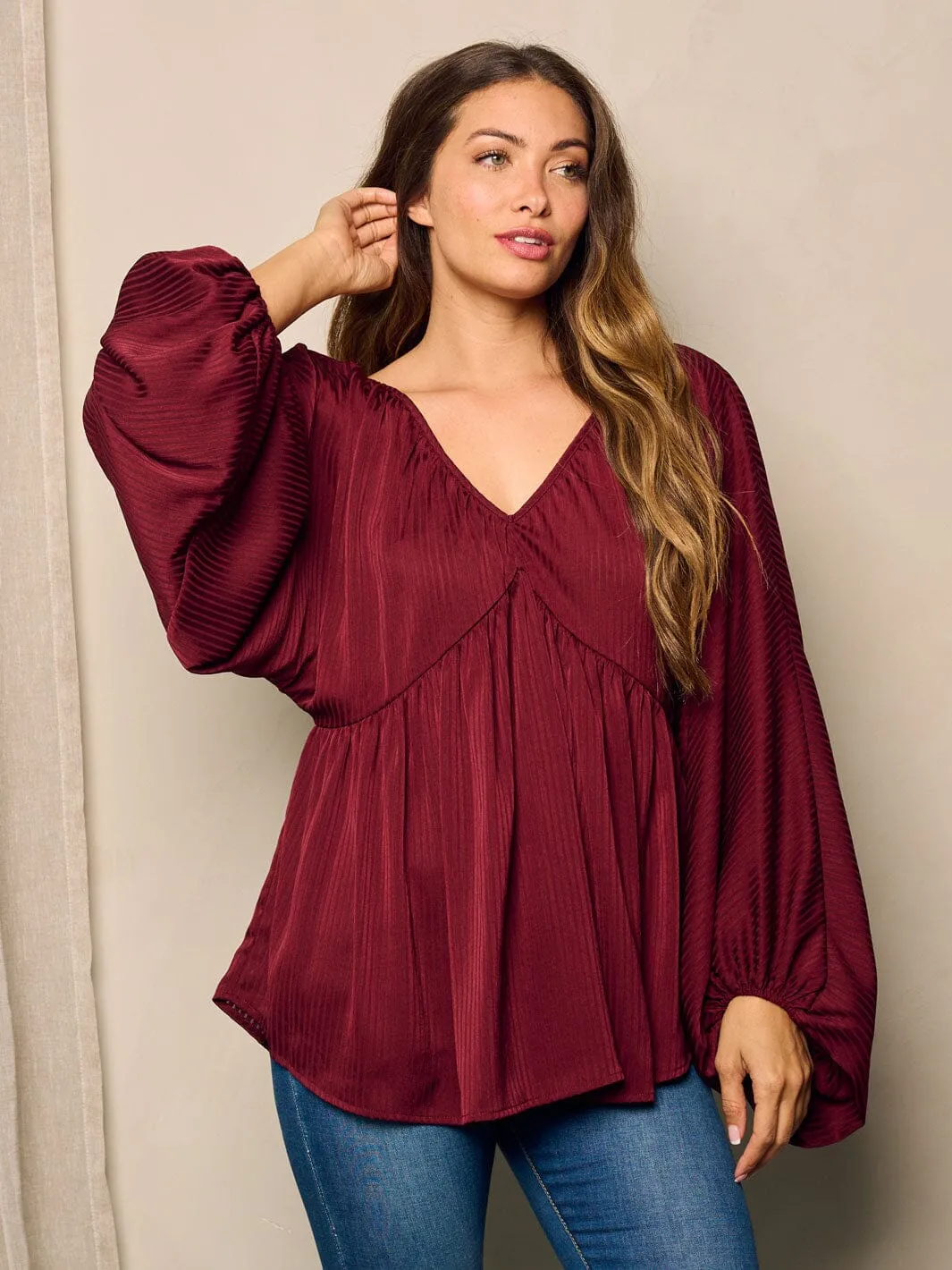 WOMEN'S LONG BALLON SLEEVE V-NECK TUNIC BLOUSE TOP