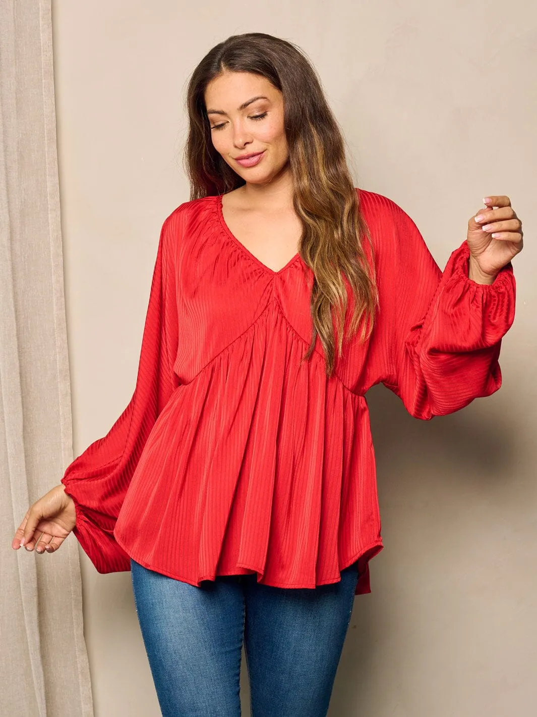 WOMEN'S LONG BALLON SLEEVE V-NECK TUNIC BLOUSE TOP