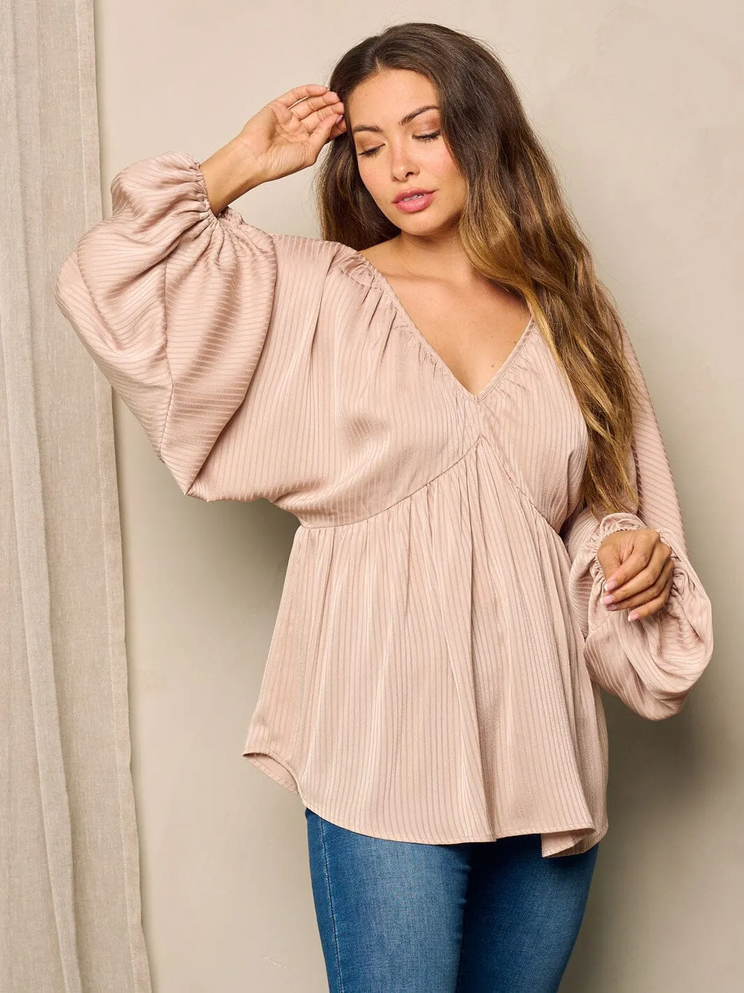WOMEN'S LONG BALLON SLEEVE V-NECK TUNIC BLOUSE TOP