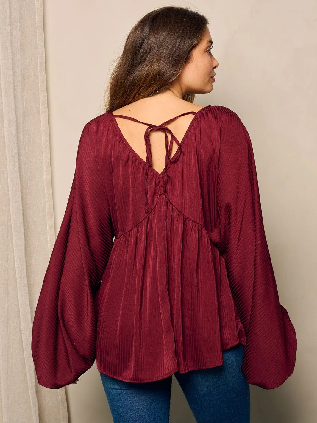 WOMEN'S LONG BALLON SLEEVE V-NECK TUNIC BLOUSE TOP