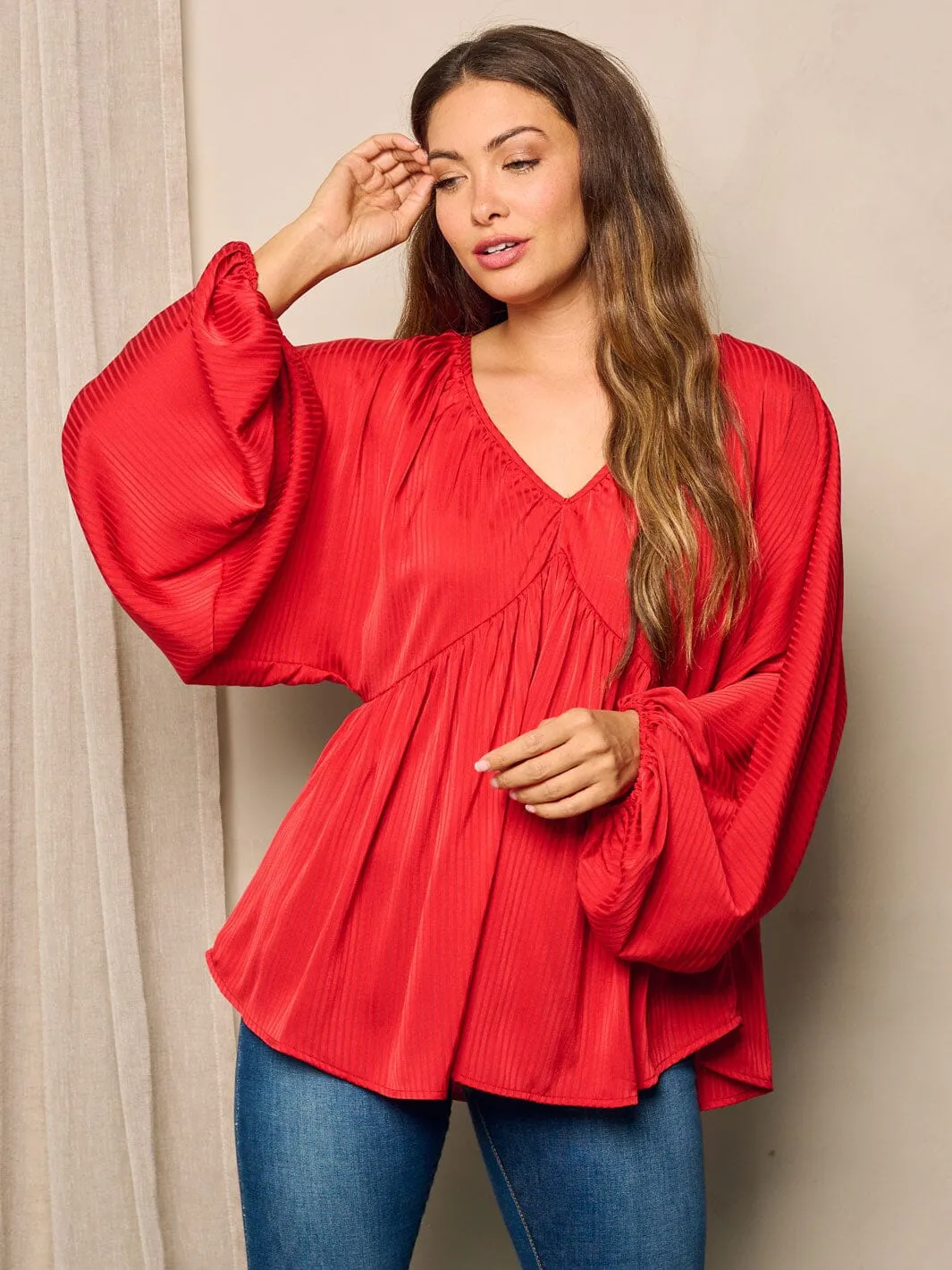 WOMEN'S LONG BALLON SLEEVE V-NECK TUNIC BLOUSE TOP
