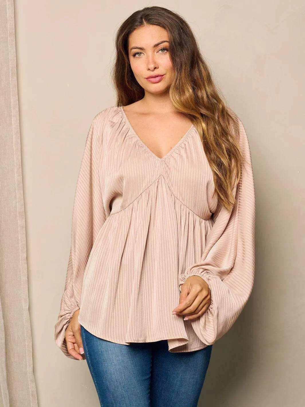 WOMEN'S LONG BALLON SLEEVE V-NECK TUNIC BLOUSE TOP