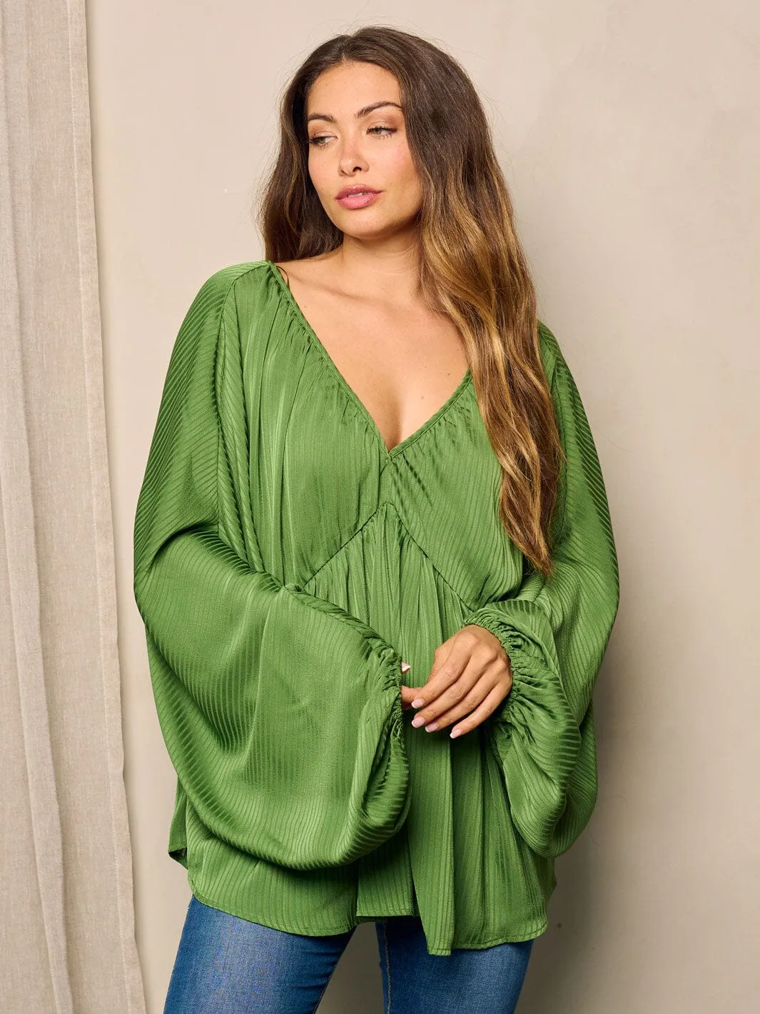 WOMEN'S LONG BALLON SLEEVE V-NECK TUNIC BLOUSE TOP