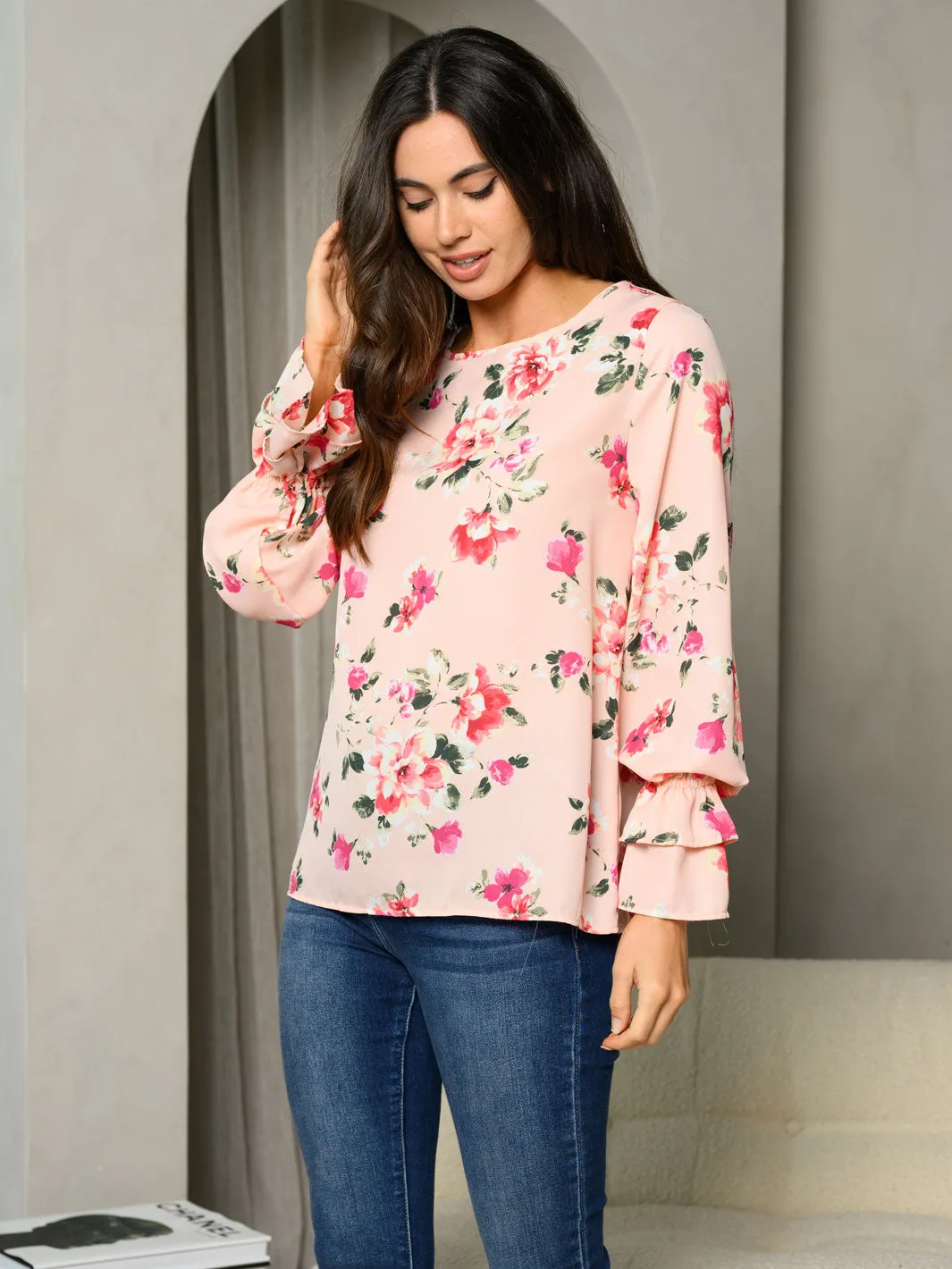 WOMEN'S LONG BELL SLEEVE RUFFLE FLORAL TUNIC TOP