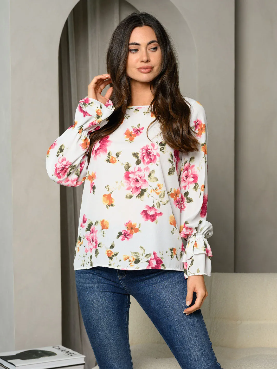 WOMEN'S LONG BELL SLEEVE RUFFLE FLORAL TUNIC TOP