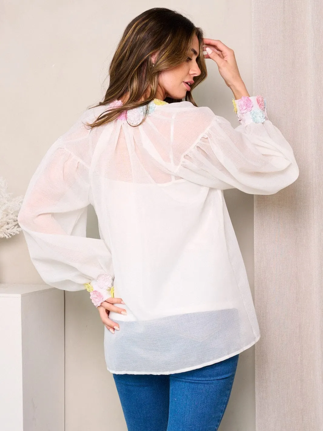 WOMEN'S LONG SLEEVE & TANK TOP FLOWER DETAILED BLOUSE TOP