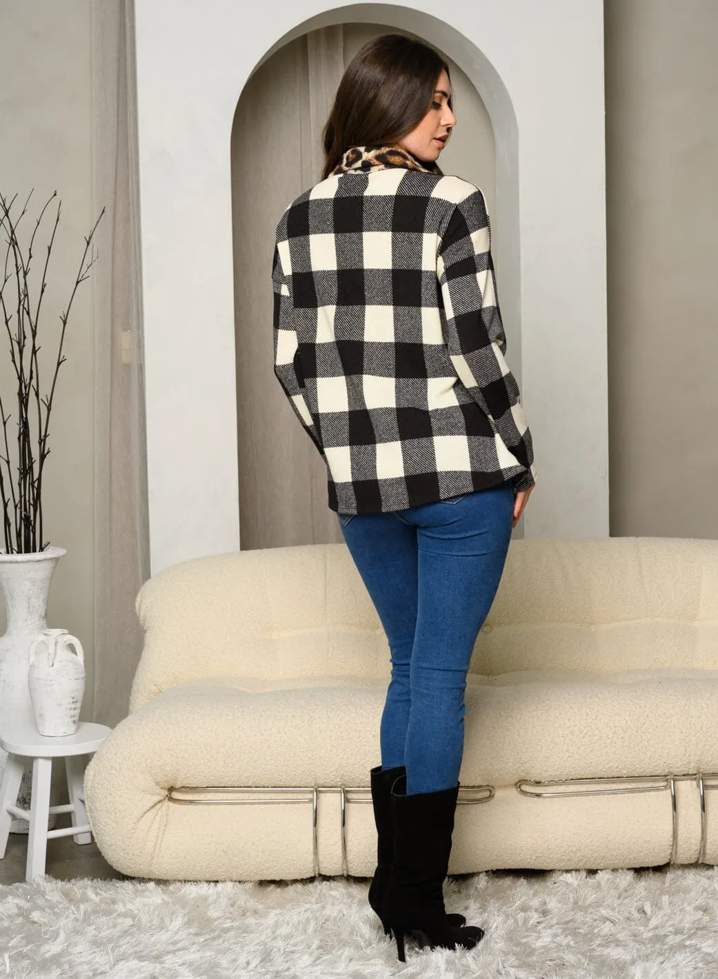 WOMEN'S LONG SLEEVE ANIMAL PRINT PLAID BUTTON UP TOP