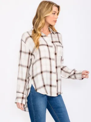 WOMEN'S LONG SLEEVE BUTTON CLOSURE FRONT POCKET HIGH-LOW PLAID TOP